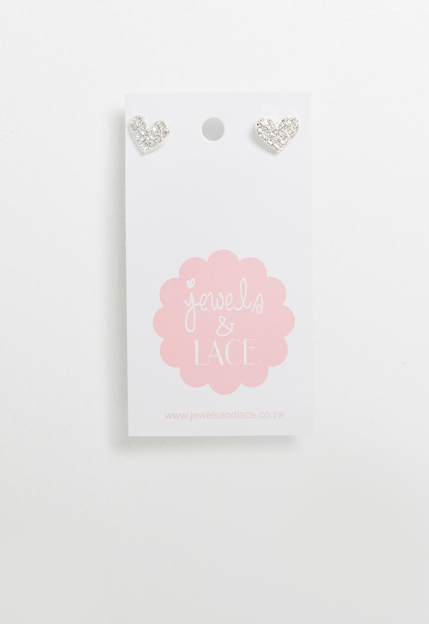 Jewels and Lace - Heart rhinestone earrings - silver