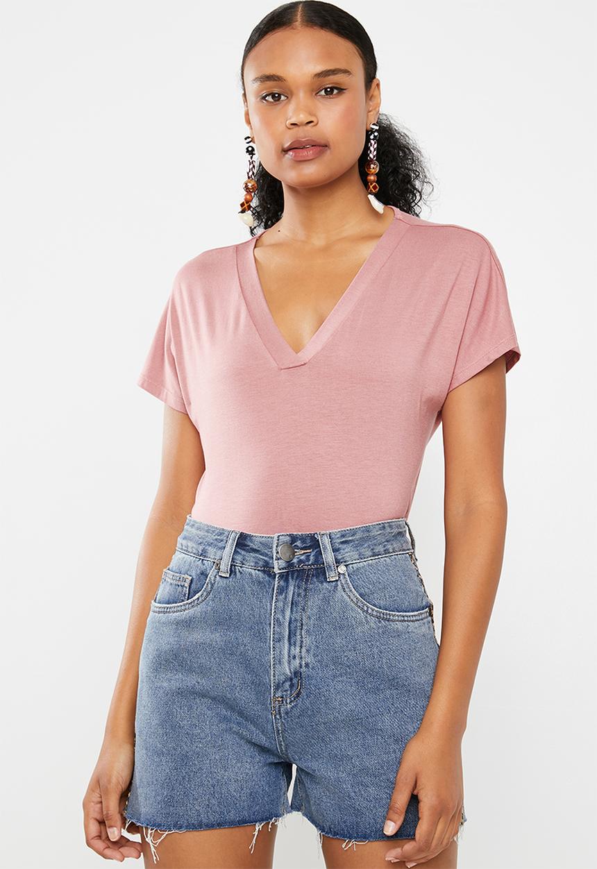 Superbalist - Slub tee with V-neck - pink