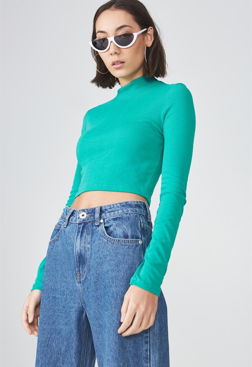 Factorie - Long sleeve funnel neck cropped top - green