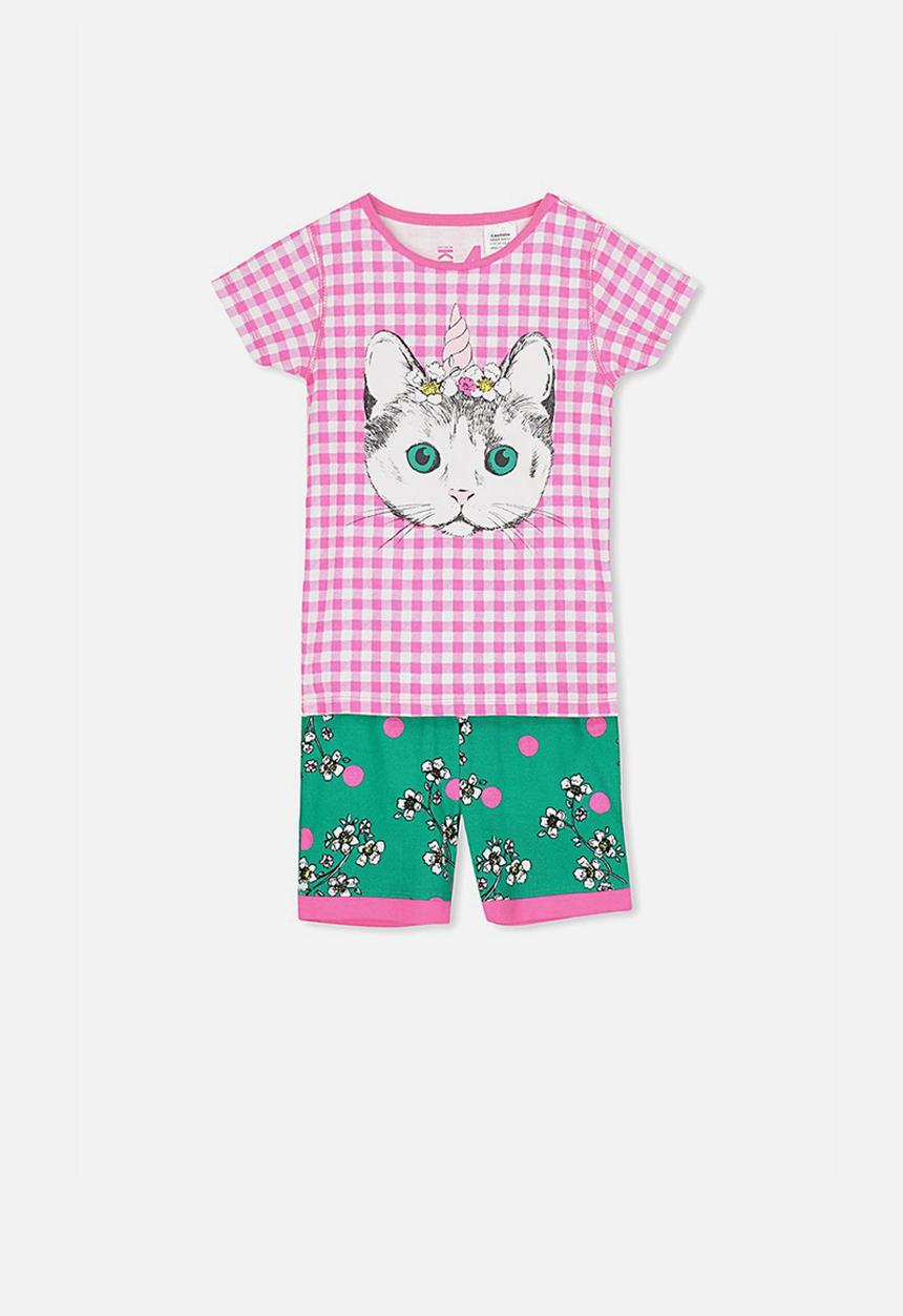 Cotton On - Chloe short sleeve girls pj set - pink & green 