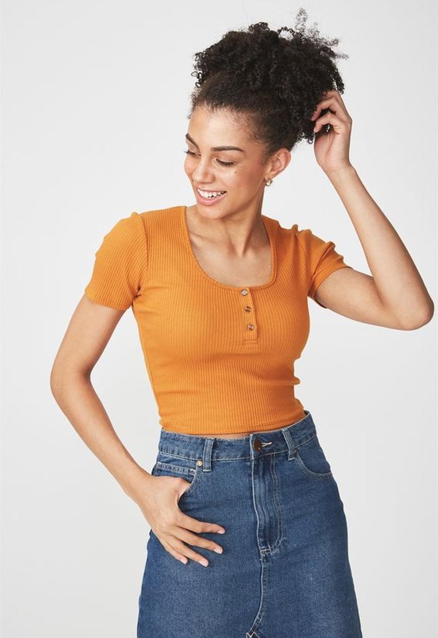 Cotton On - Skyla henley short sleeve top - brown 