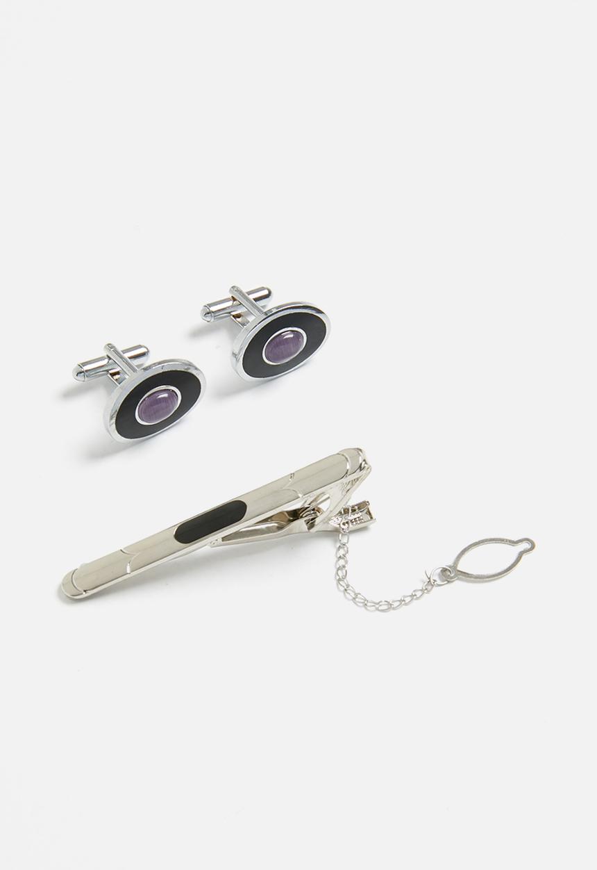 STYLE REPUBLIC - Tie pin with clear detailed cufflinks set - silver