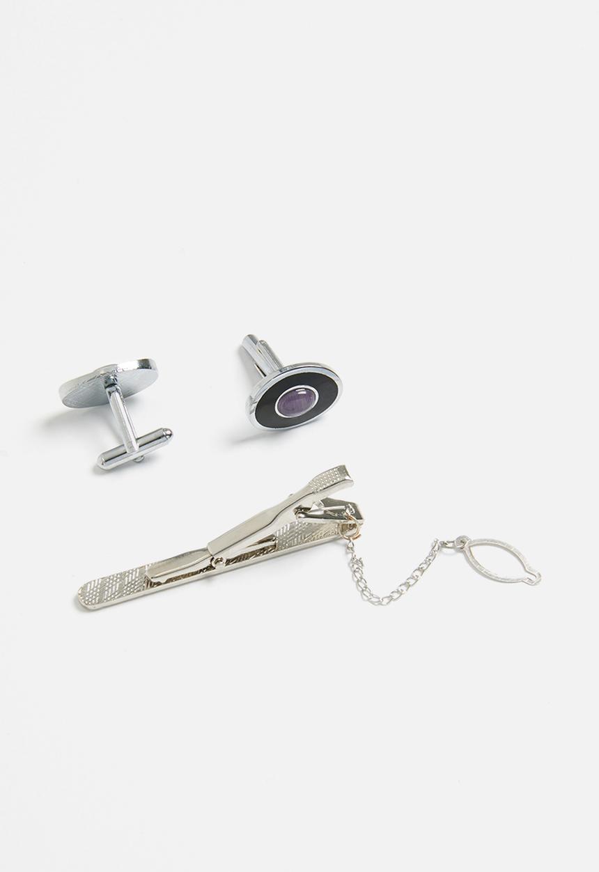 STYLE REPUBLIC - Tie pin with clear detailed cufflinks set - silver