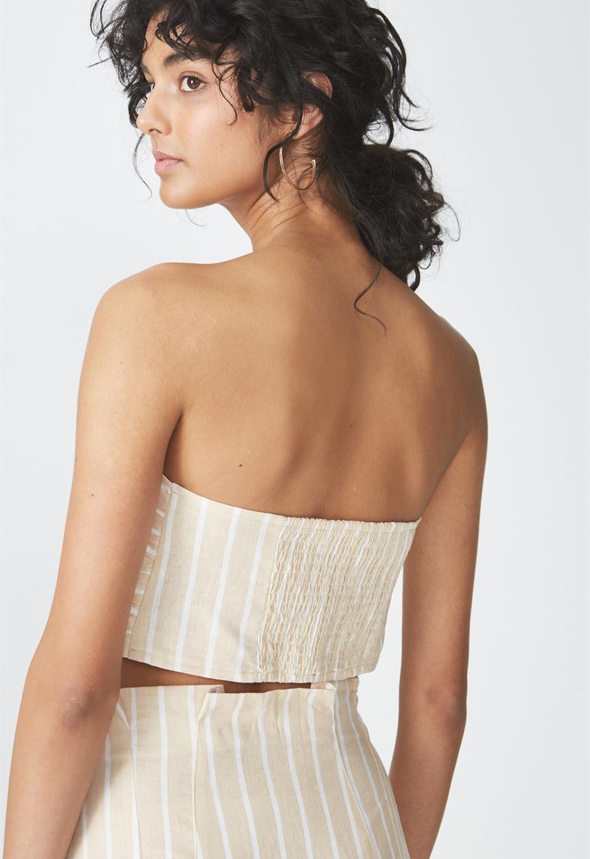 Cotton On - Tania tie front bandeau top - beige & white 
