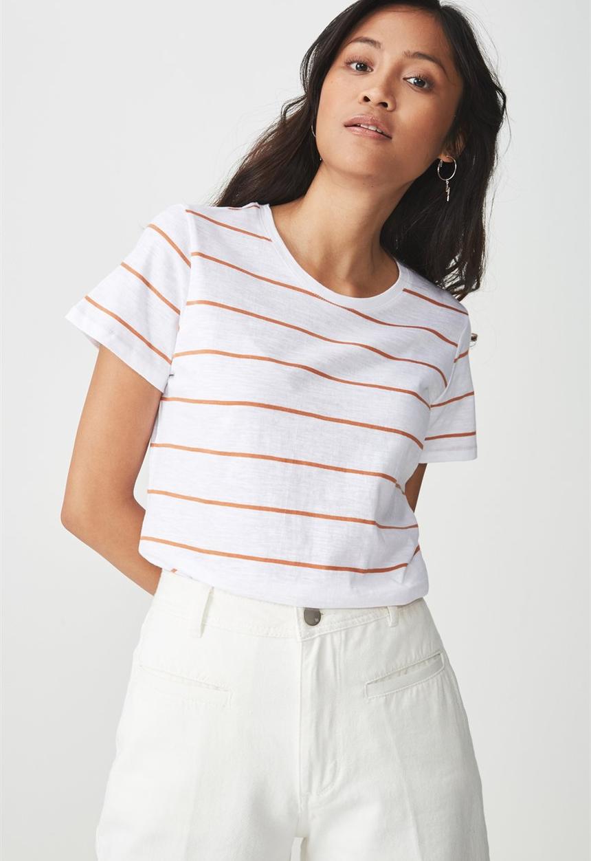 Cotton On - The crew t-shirt stripe - white and orange