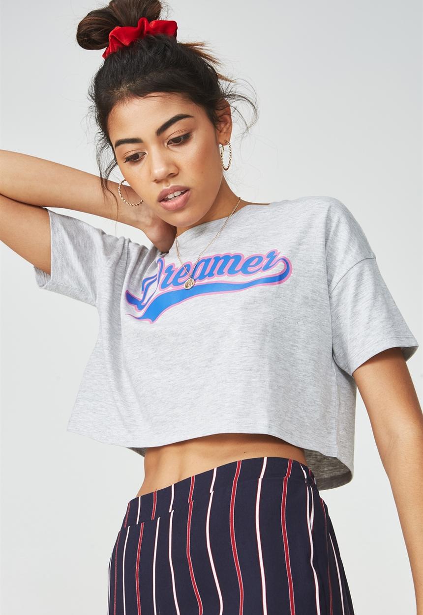 Supré  - Printed loose crop tee - grey 