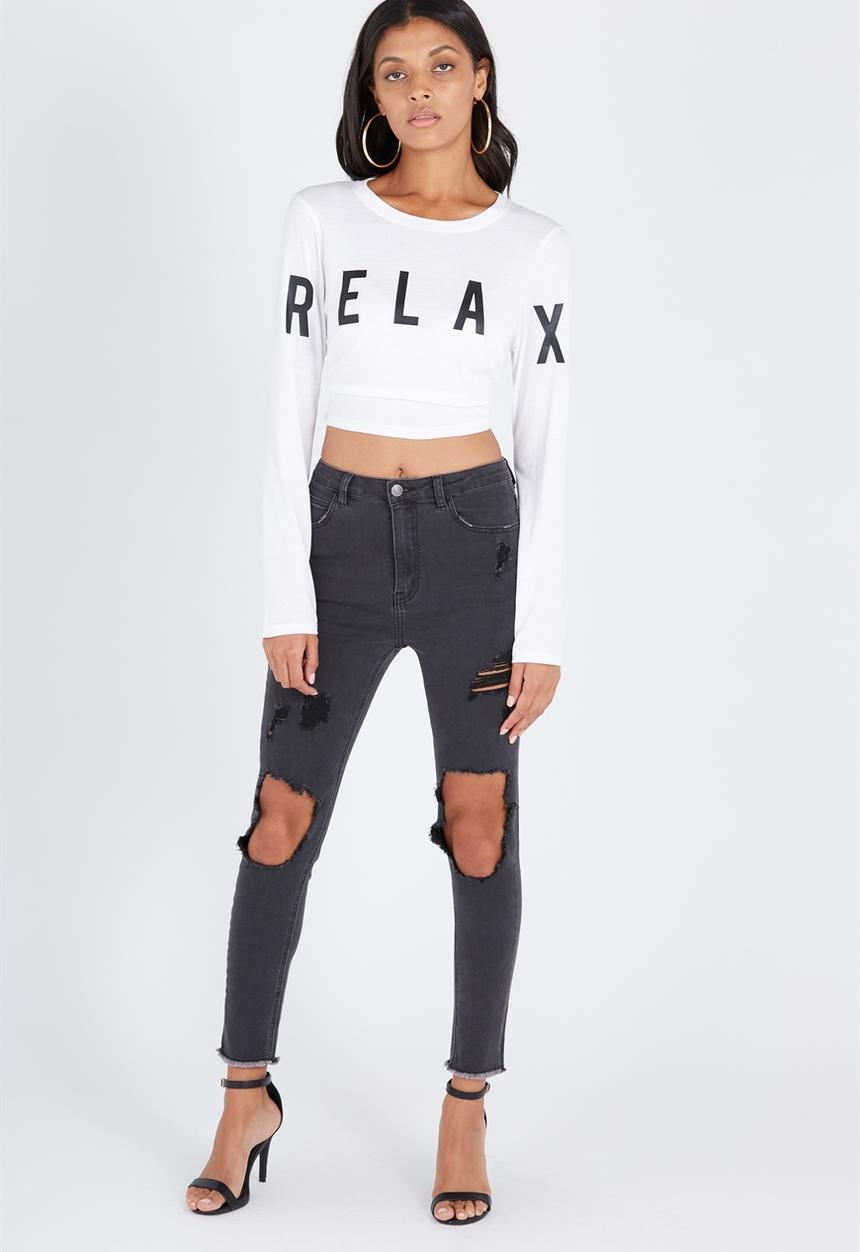 Supré  - Printed long sleeve loose crop - white