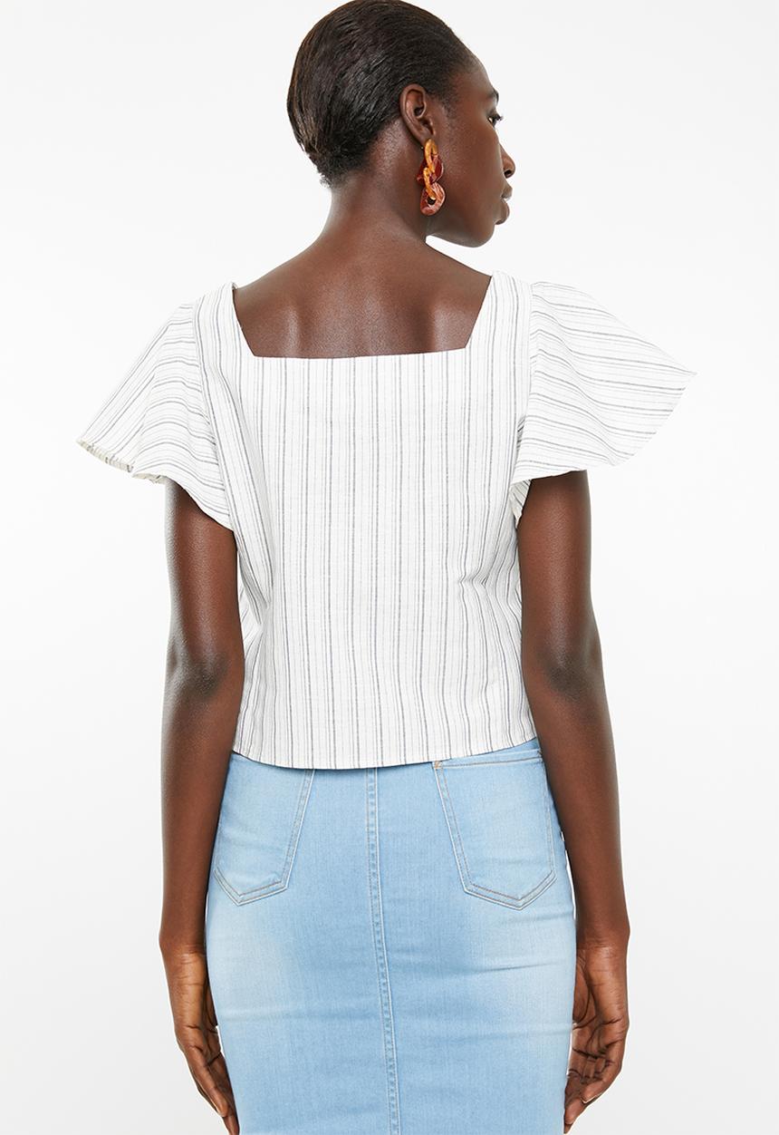 Superbalist - Button front blouse with frill sleeve - white & blue