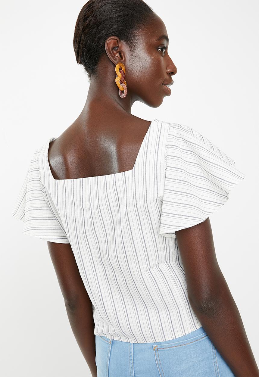 Superbalist - Button front blouse with frill sleeve - white & blue
