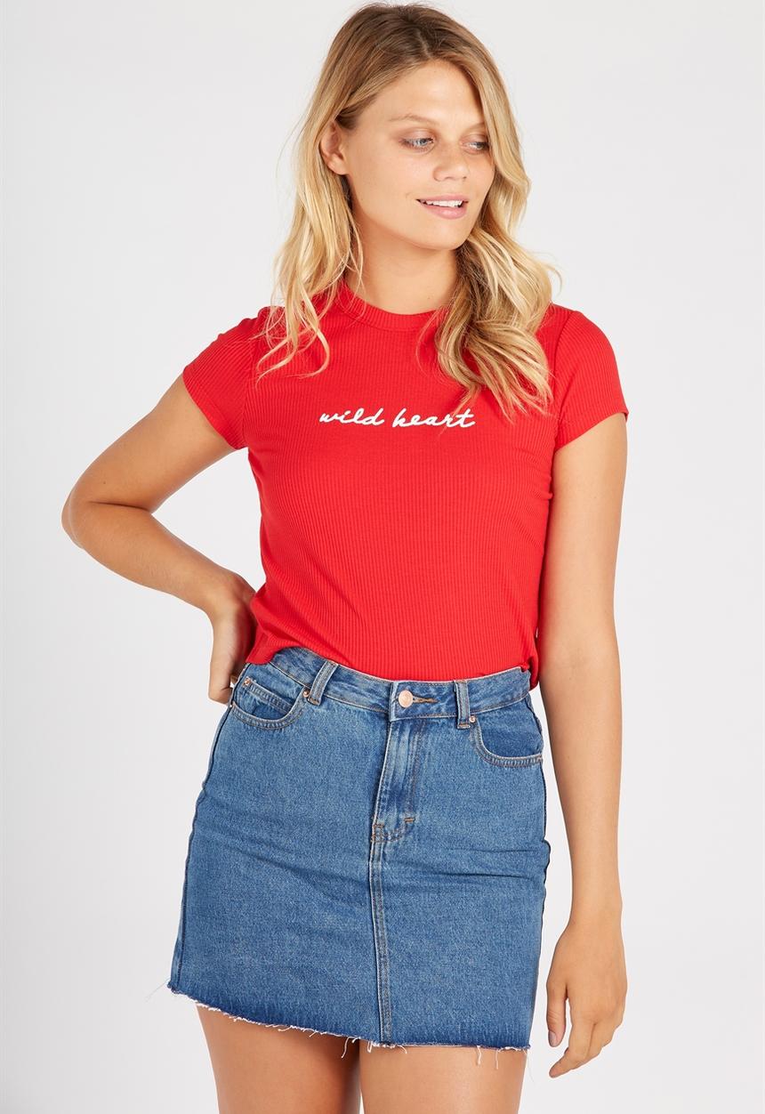 Supré  - Print rib crew tee - red