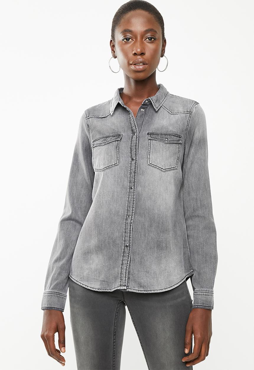 Vero Moda - Maria long sleeve  denim slim shirt - grey 