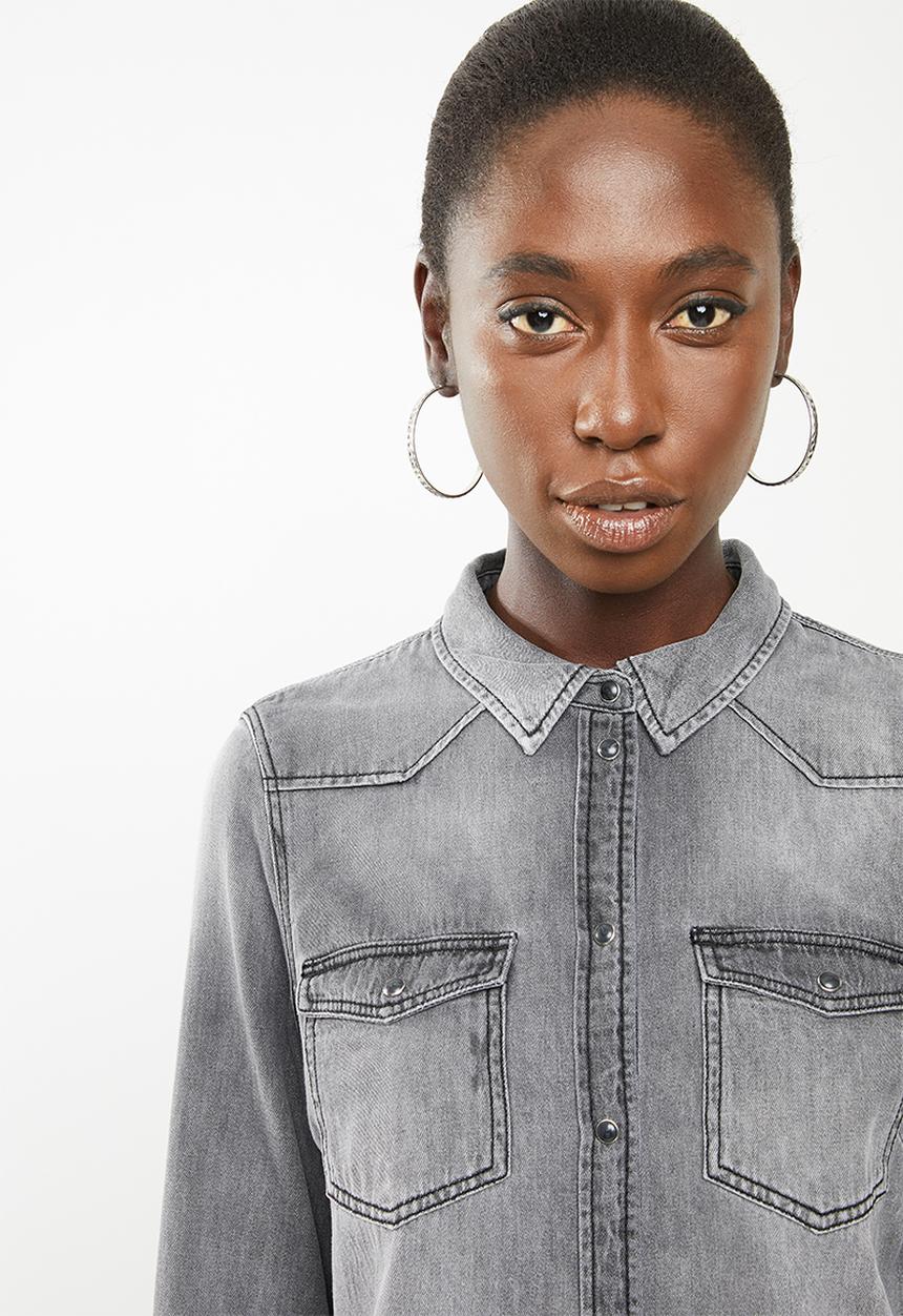 Vero Moda - Maria long sleeve  denim slim shirt - grey 