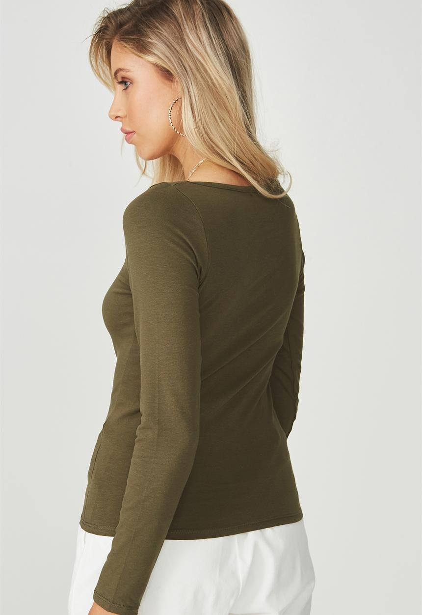 Supré  - Longsleeve longline deep v neck - olive