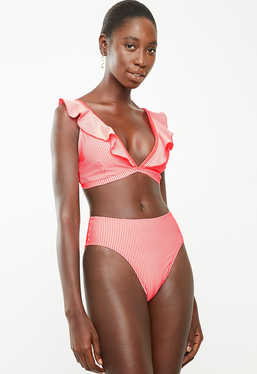 Brave Soul - Frilly striped bikini bottom - coral