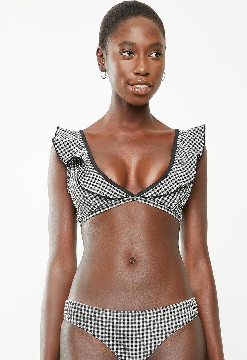 Brave Soul - Frill gingham bikini top - black & white
