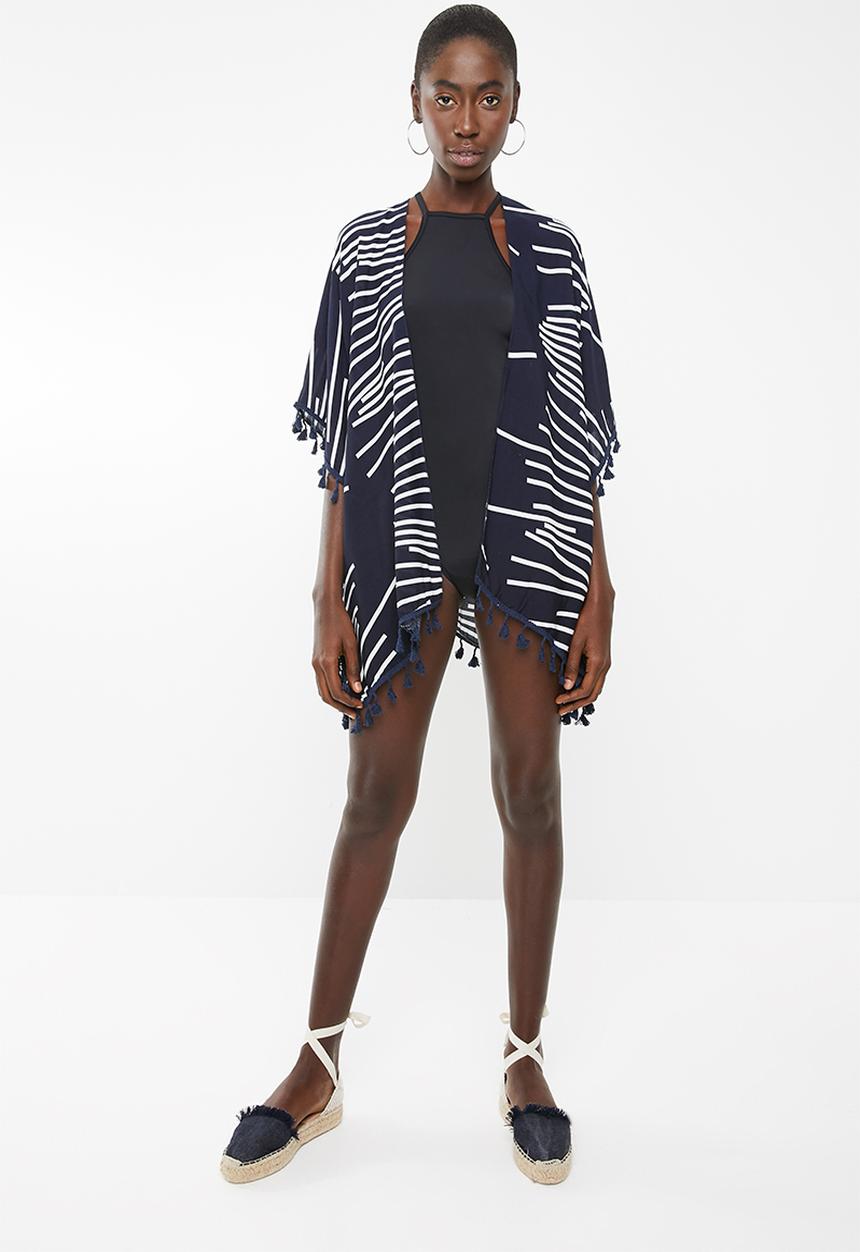 Lithe - Open front kaftan with tassel trim - navy