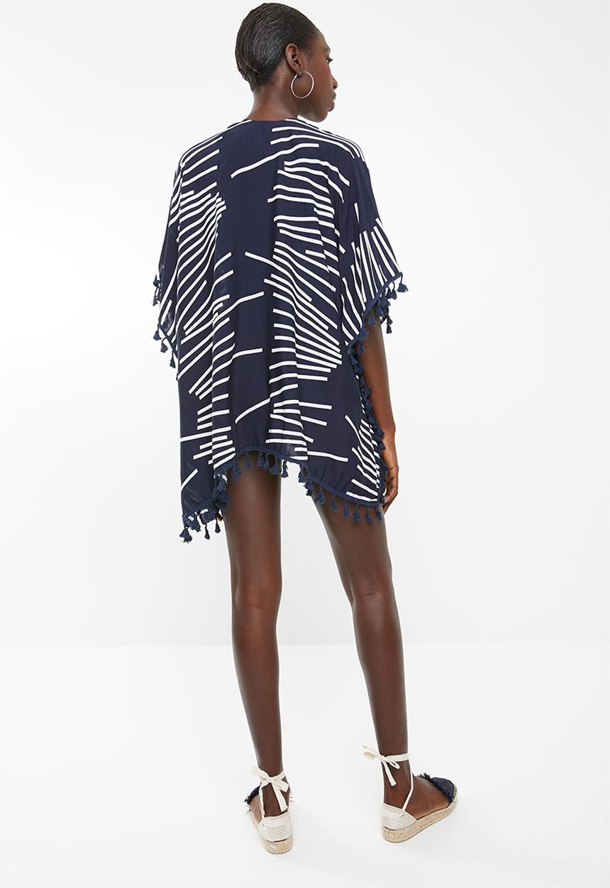 Lithe - Open front kaftan with tassel trim - navy