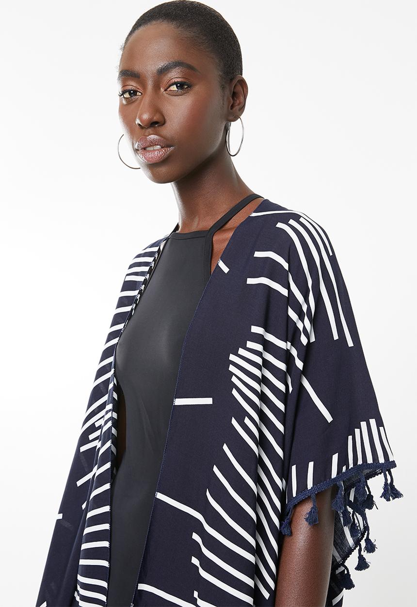 Lithe - Open front kaftan with tassel trim - navy