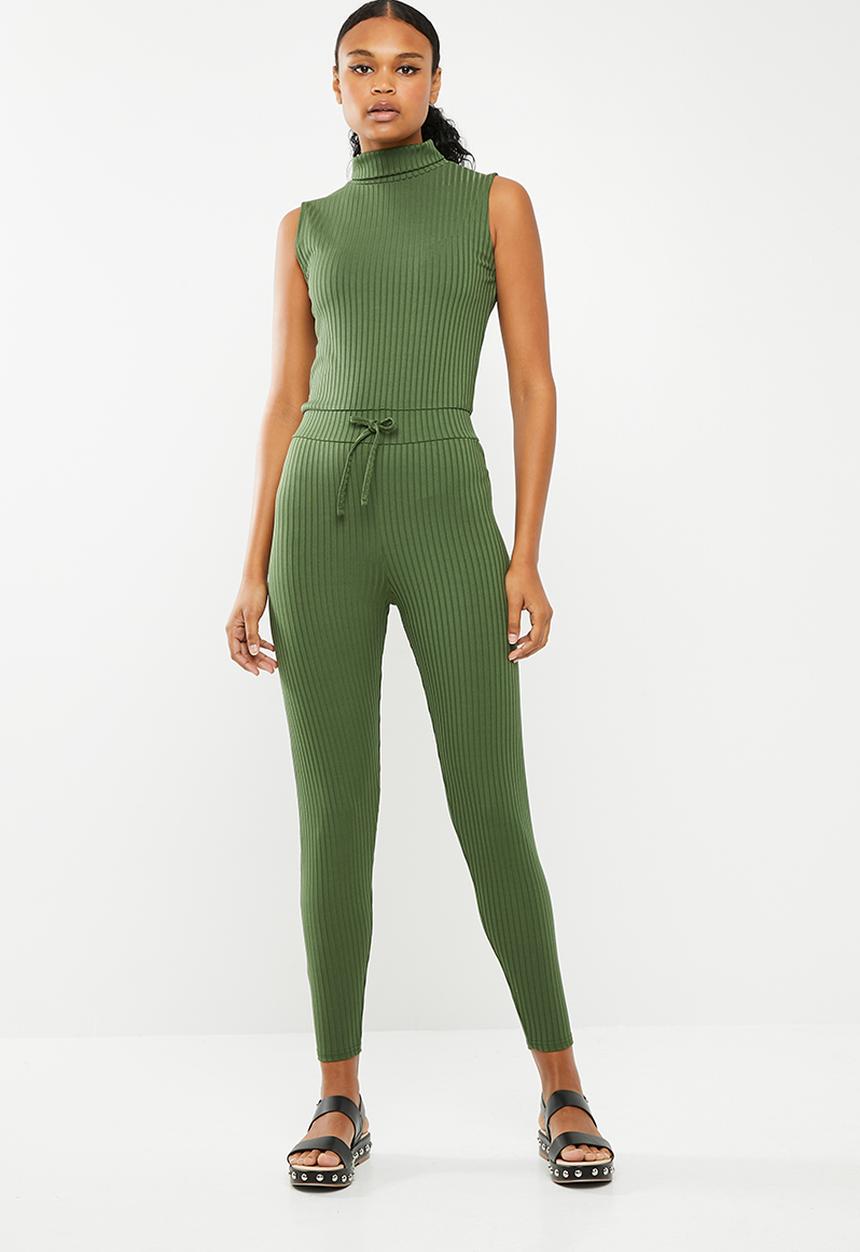 Missguided - Roll neck skinny rib jumpsuit - khaki green
