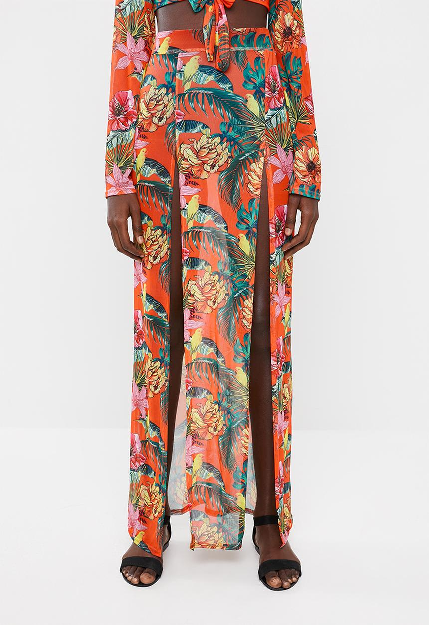 Missguided - Mesh floral split maxi skirt - orange