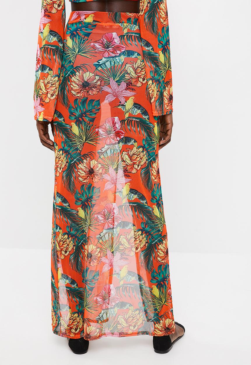 Missguided - Mesh floral split maxi skirt - orange