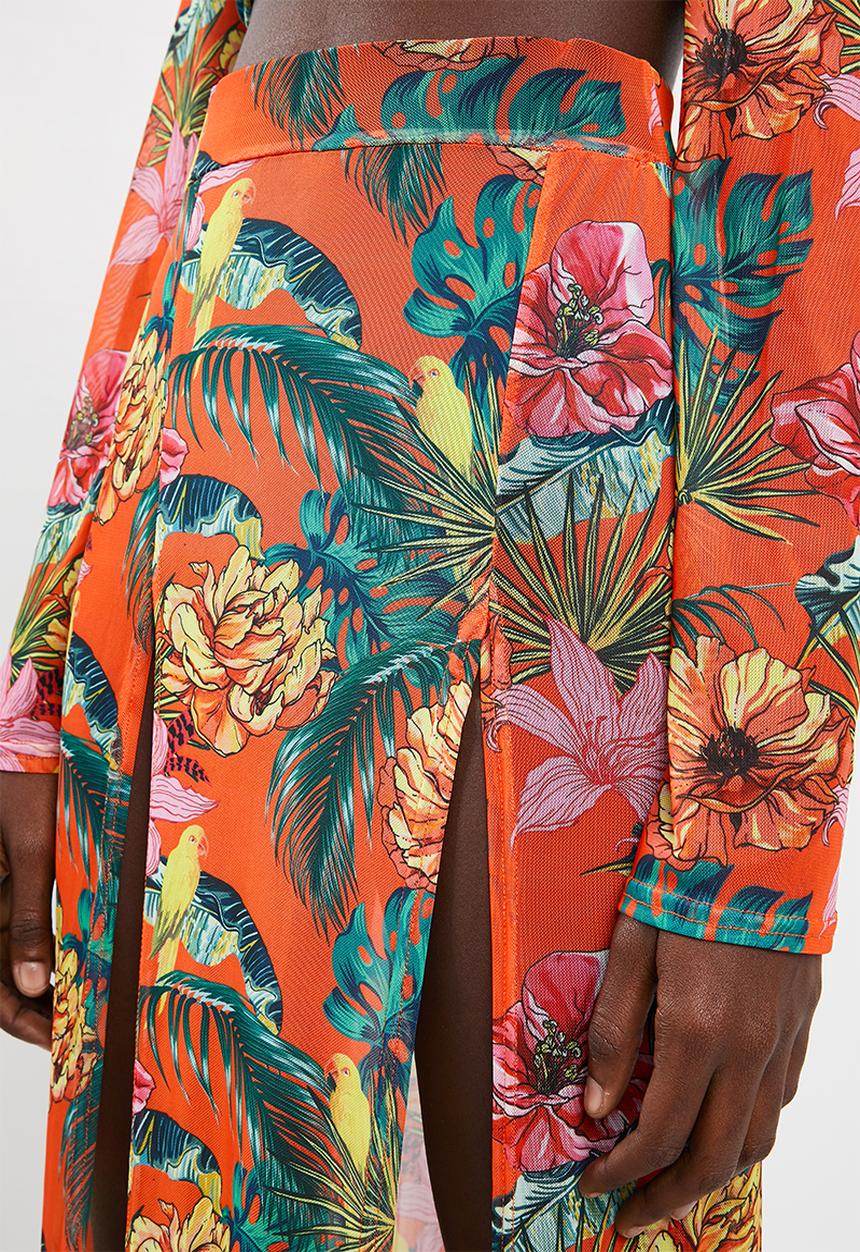 Missguided - Mesh floral split maxi skirt - orange