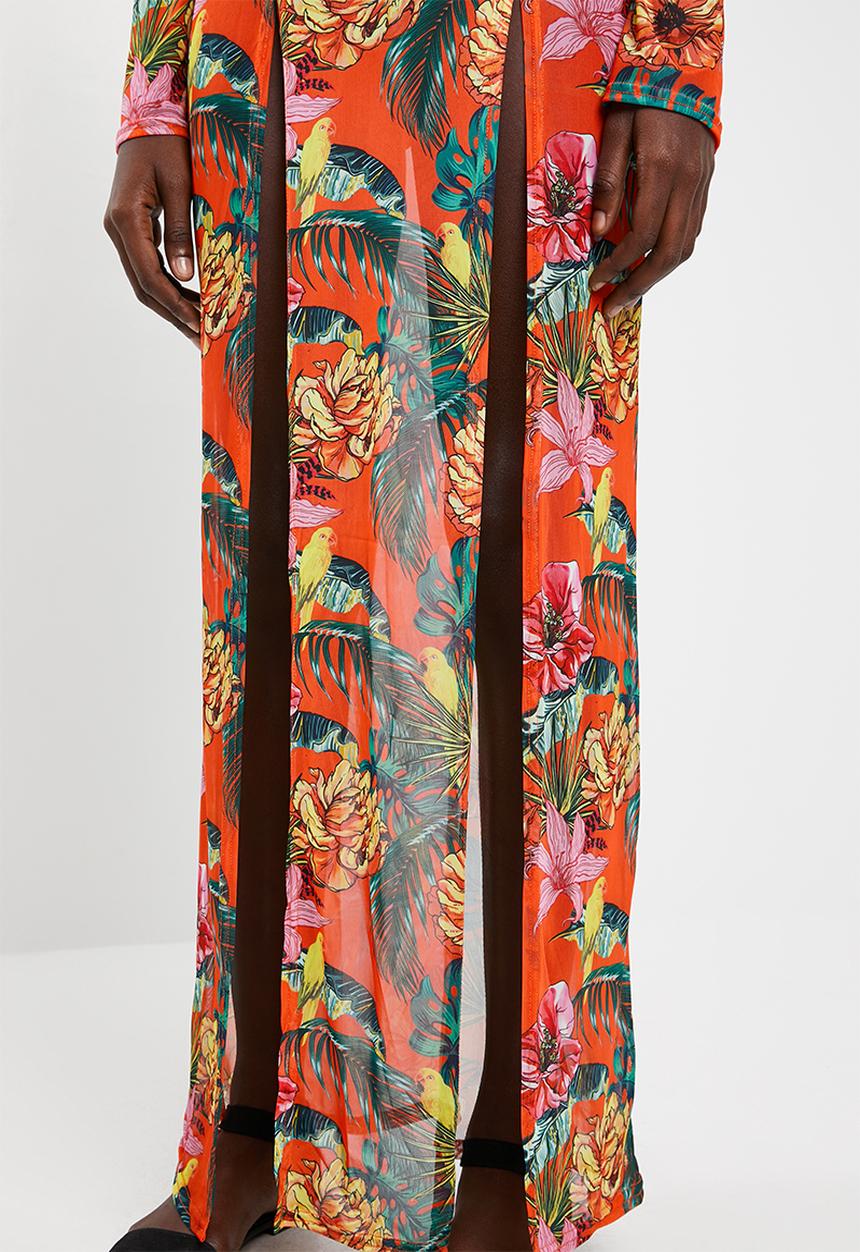 Missguided - Mesh floral split maxi skirt - orange