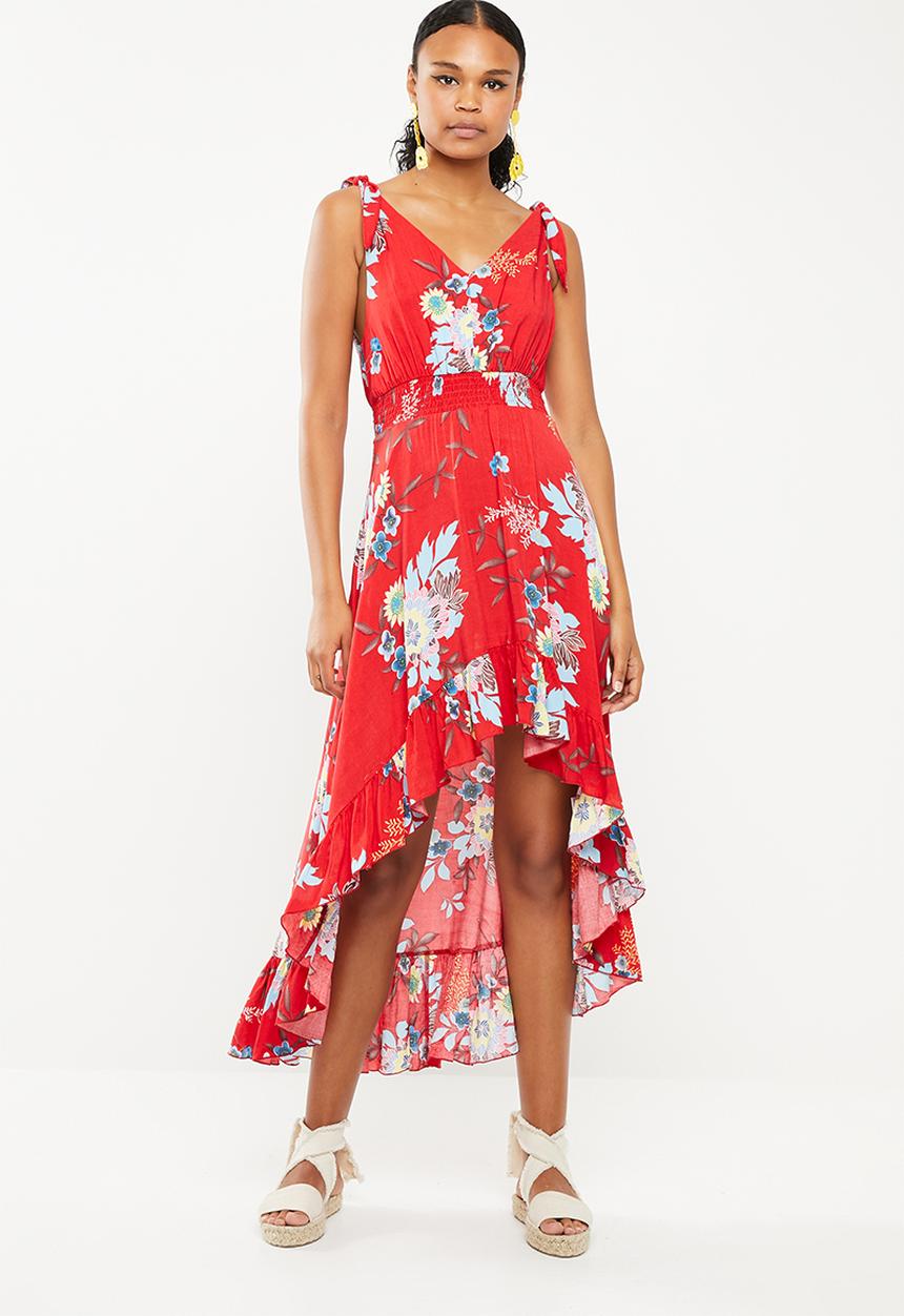 Revenge - Tie strap v neck frilled dress - red