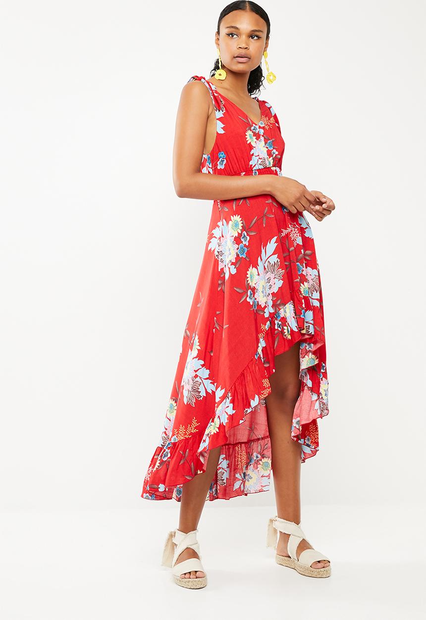 Revenge - Tie strap v neck frilled dress - red