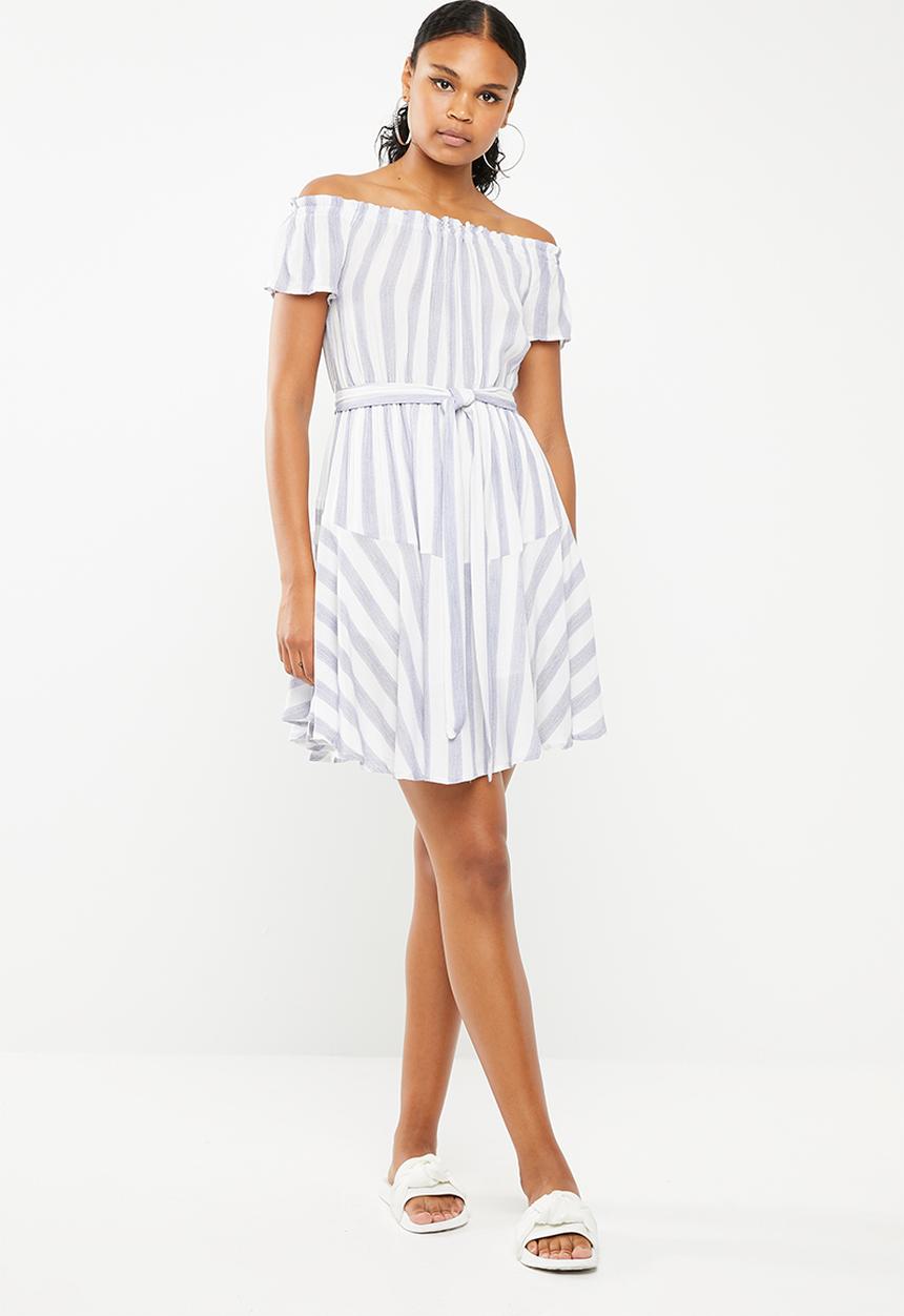 Revenge - Cap sleeve stripe dress with self belt - blue