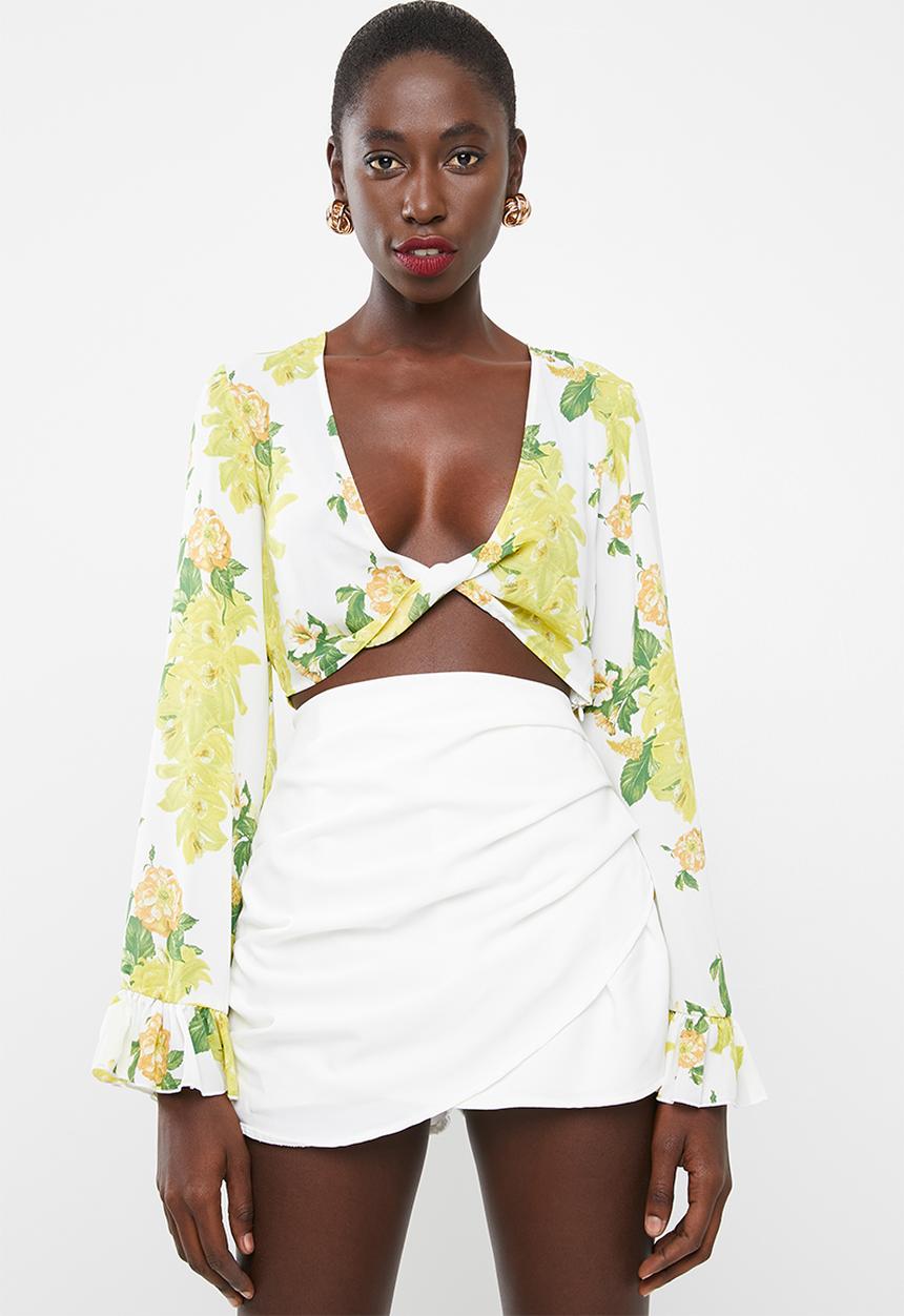 Missguided - Twist front flare sleeve crop top floral - multi