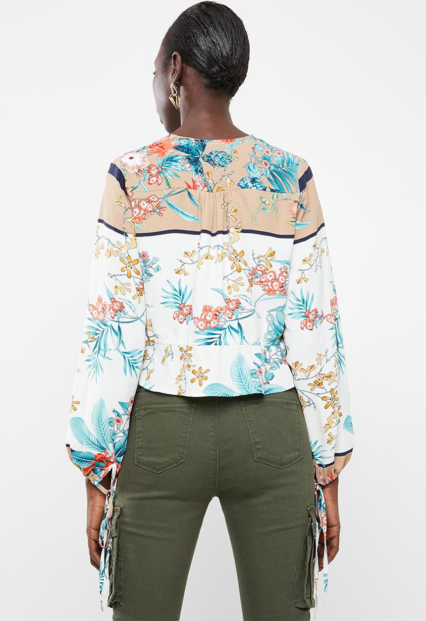 Missguided - Oriental print tie front blouse - white