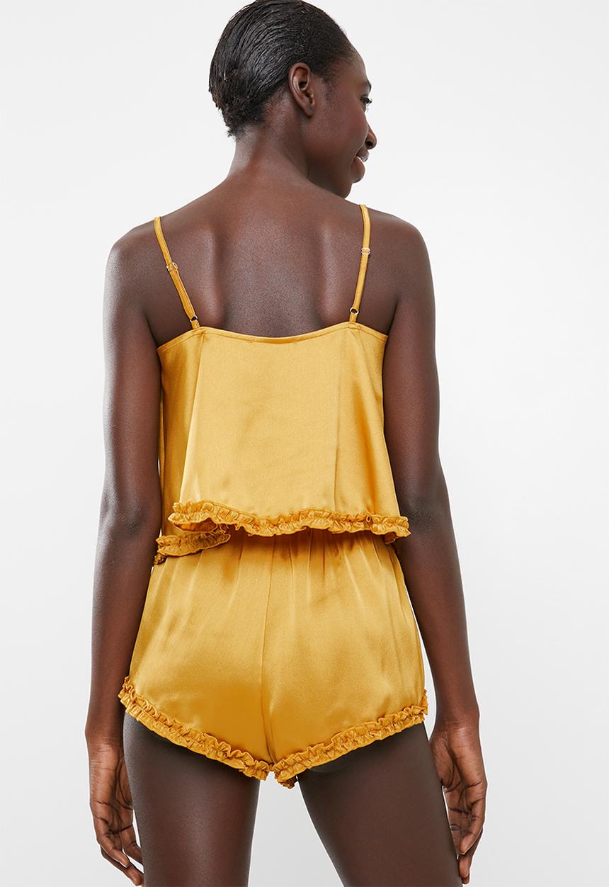 Missguided - Ruffle satin cami pyjama short set - yellow