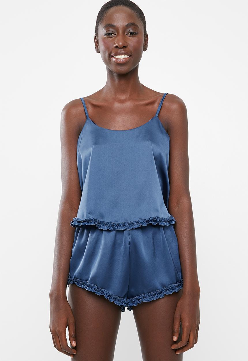Missguided - Ruffle satin cami pyjama short set - navy