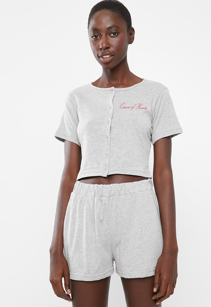 Missguided - Short sleeve button through short pj set - grey
