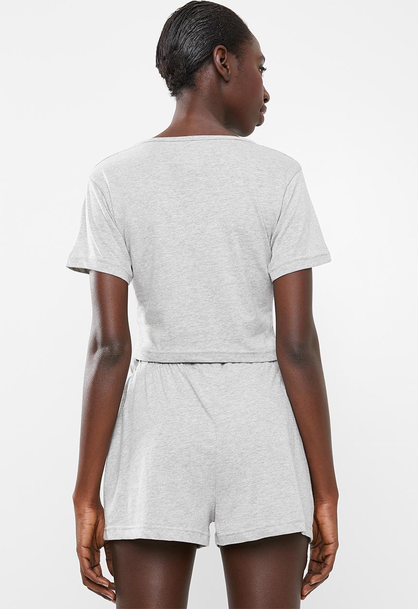 Missguided - Short sleeve button through short pj set - grey