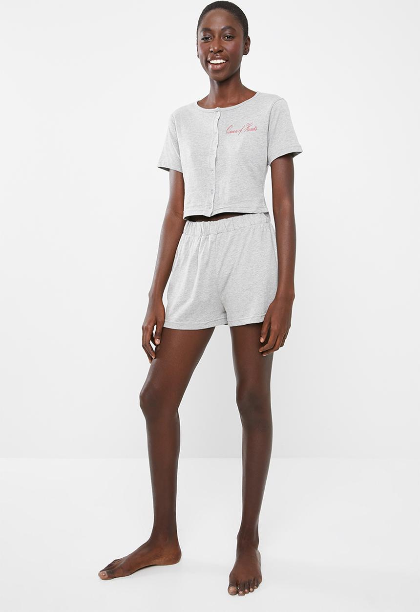 Missguided - Short sleeve button through short pj set - grey