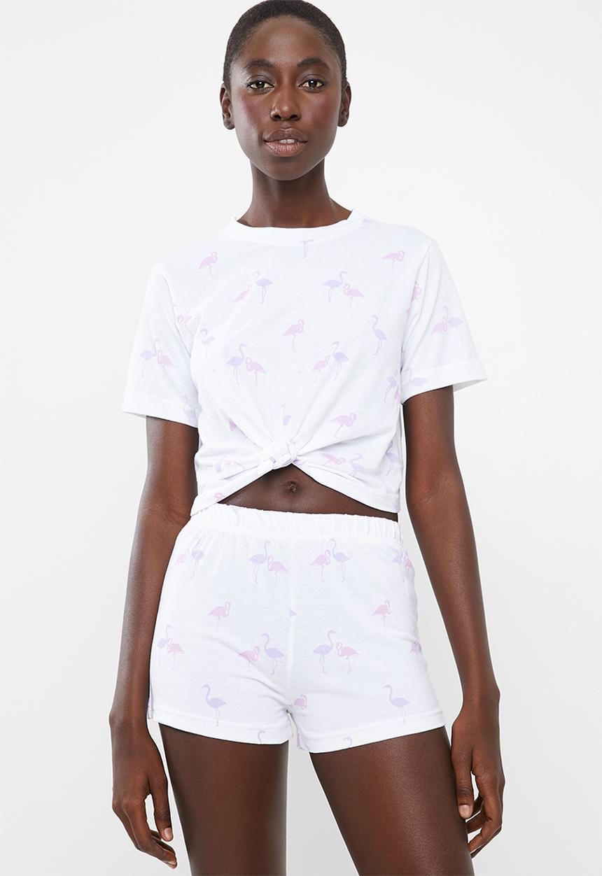 Missguided - Flamingo tie front tee and short pj set - white