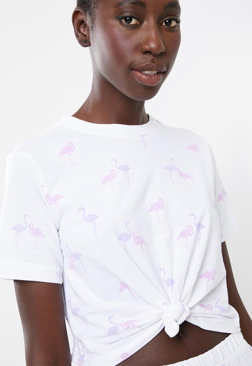 Missguided - Flamingo tie front tee and short pj set - white