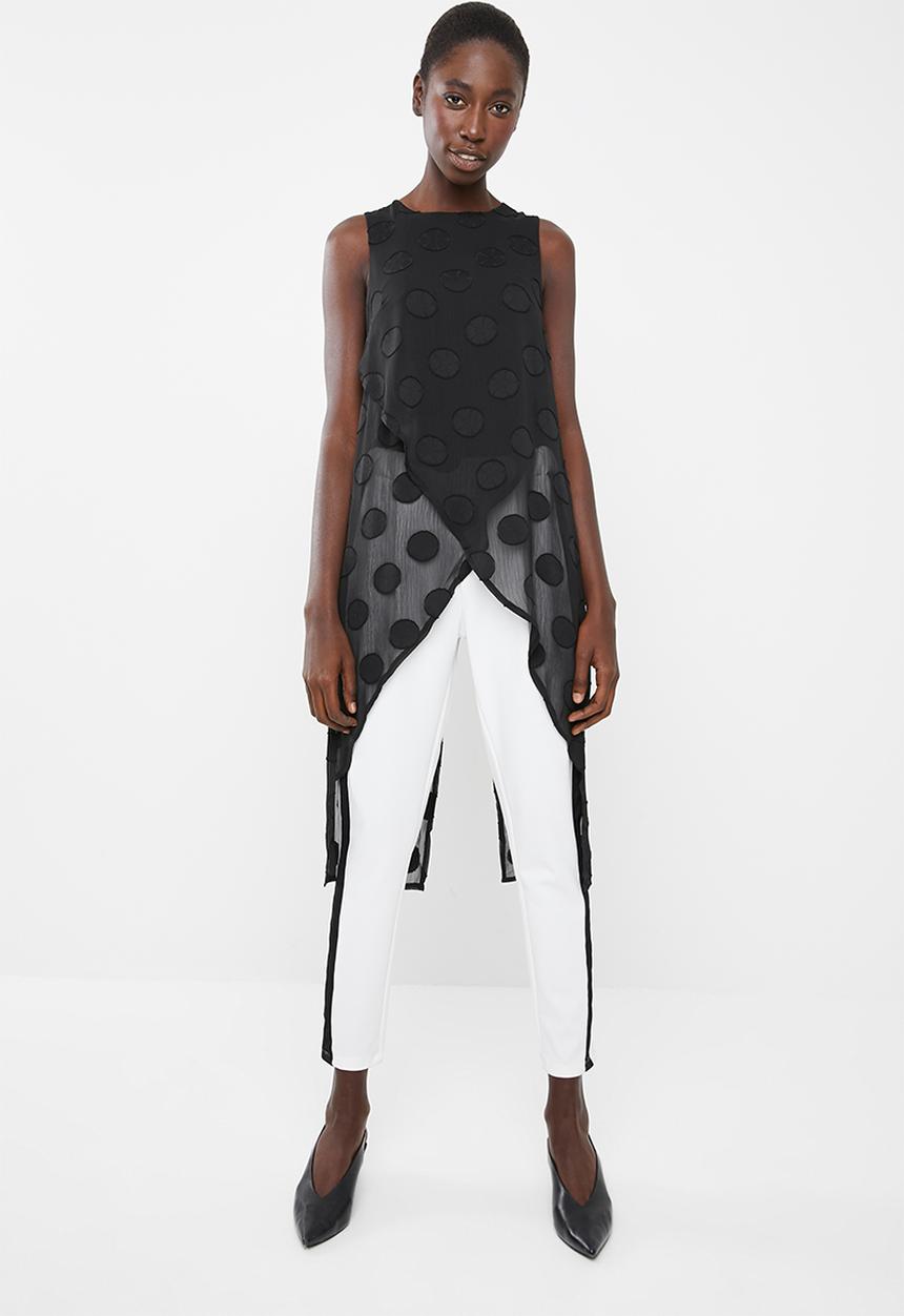 Revenge - Polka dot sleeveless tunic with cross over hem - black