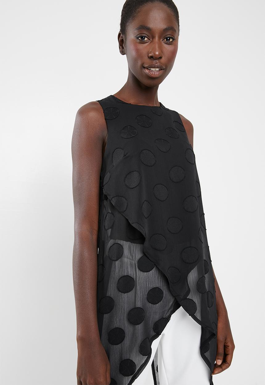 Revenge - Polka dot sleeveless tunic with cross over hem - black
