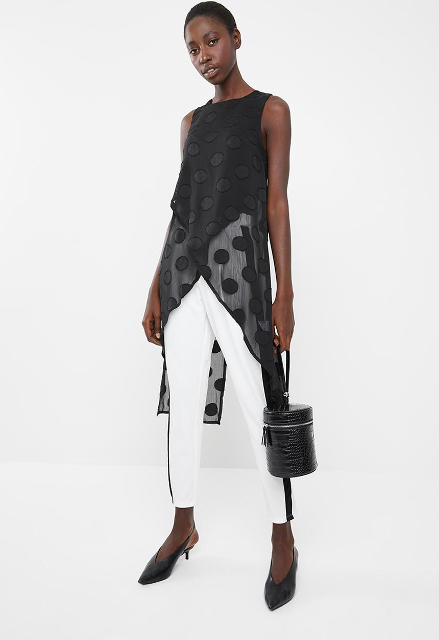 Revenge - Polka dot sleeveless tunic with cross over hem - black