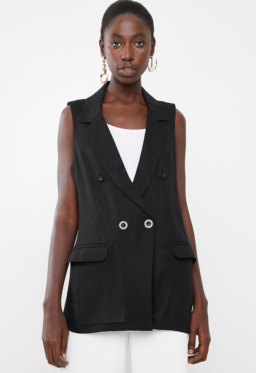 Superbalist - Sleeveless double breast linen blend blazer - black