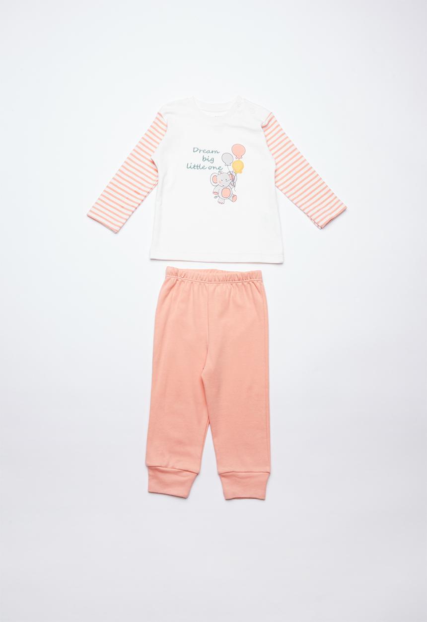 Baby Corner - Elephant printed pyjama set  - white & peach