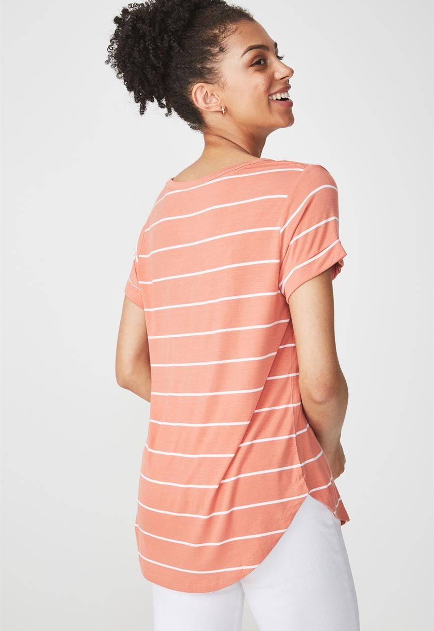Cotton On - Karly short sleeve v-neck top - peach & white