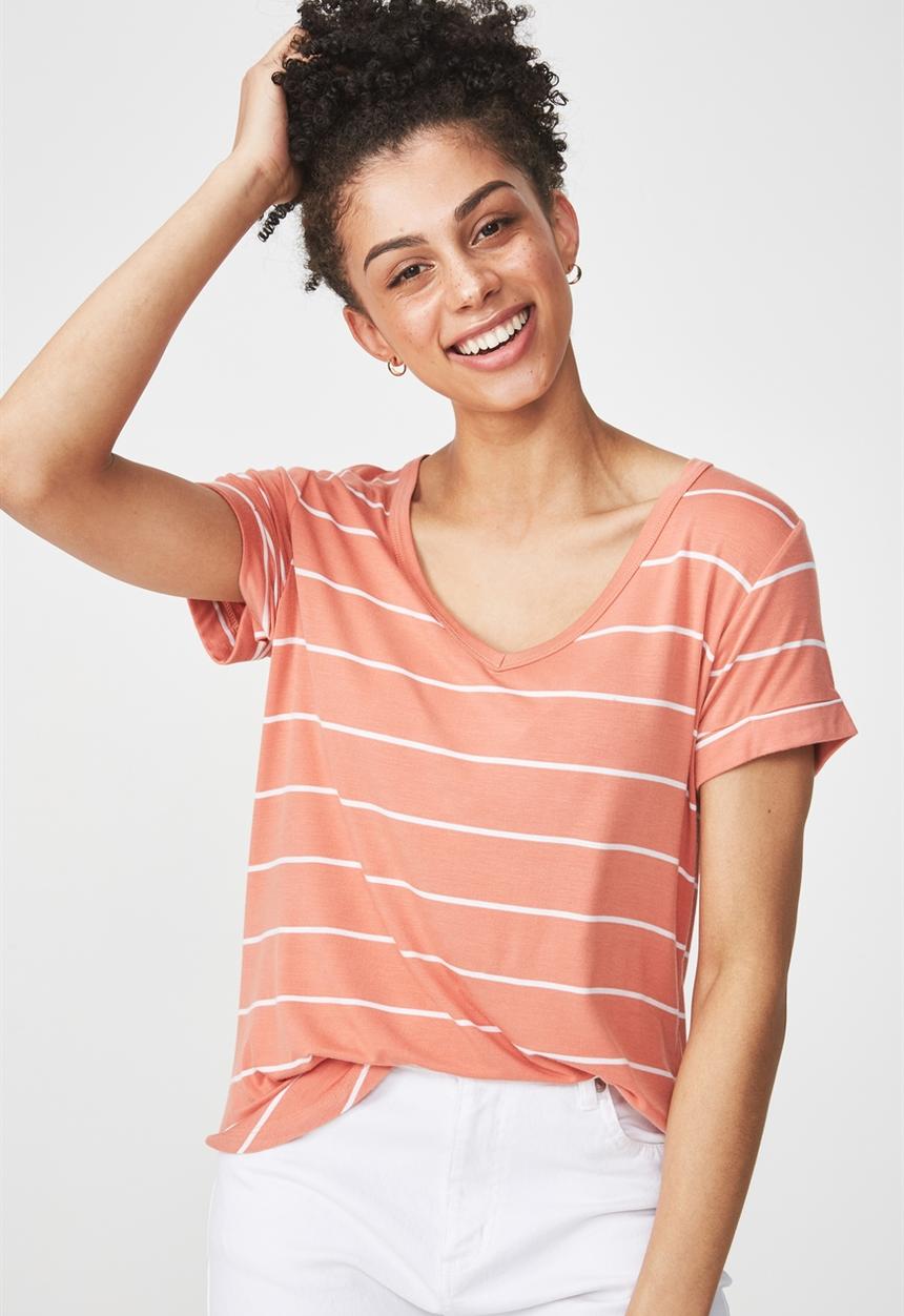 Cotton On - Karly short sleeve v-neck top - peach & white