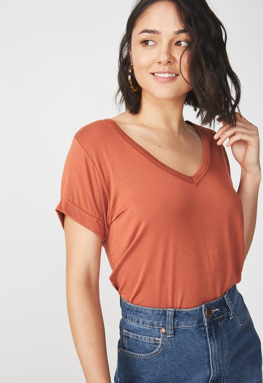 Cotton On - Karly short sleeve v-neck top - orange 