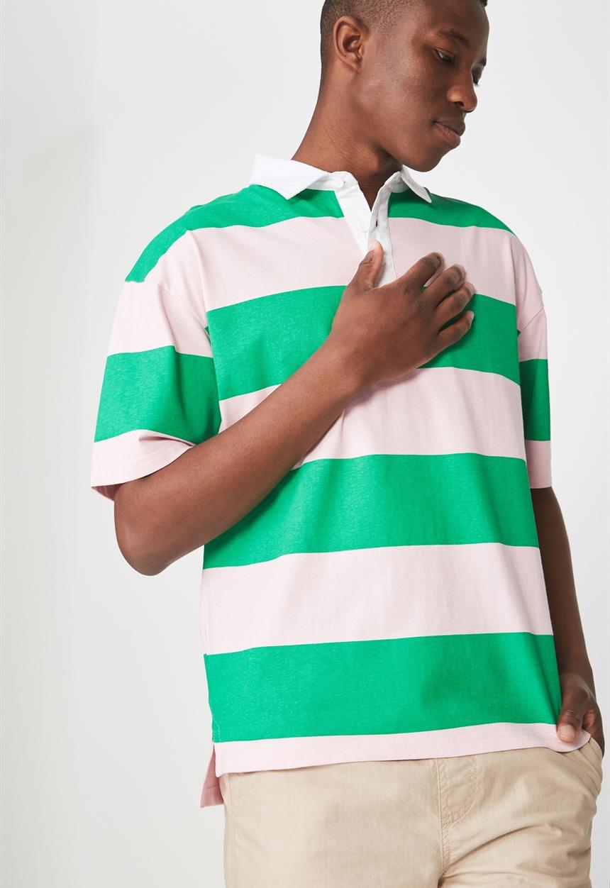 Cotton On - Oversized short sleeve polo - green & white 
