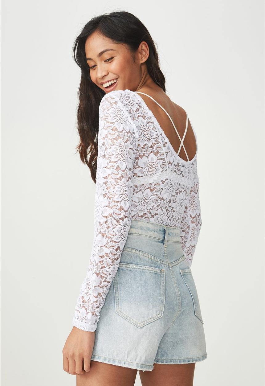 Cotton On - Lace long sleeve bodysuit - white