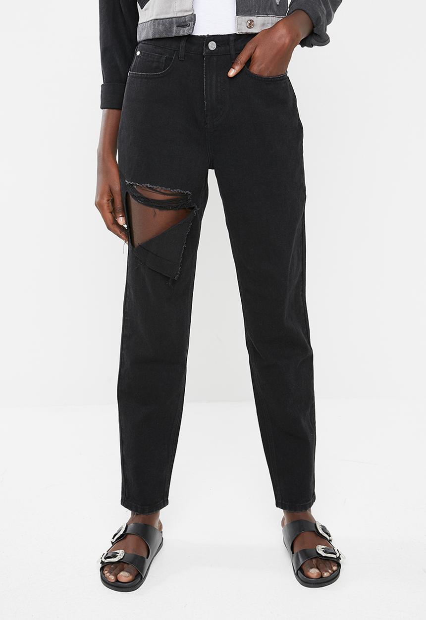 Missguided - Riot hang down rip high waisted mom jean - black